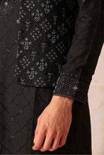Load image into Gallery viewer, Midnight Embroidered Black Silk Floral Bundi &amp; Kurta Set
