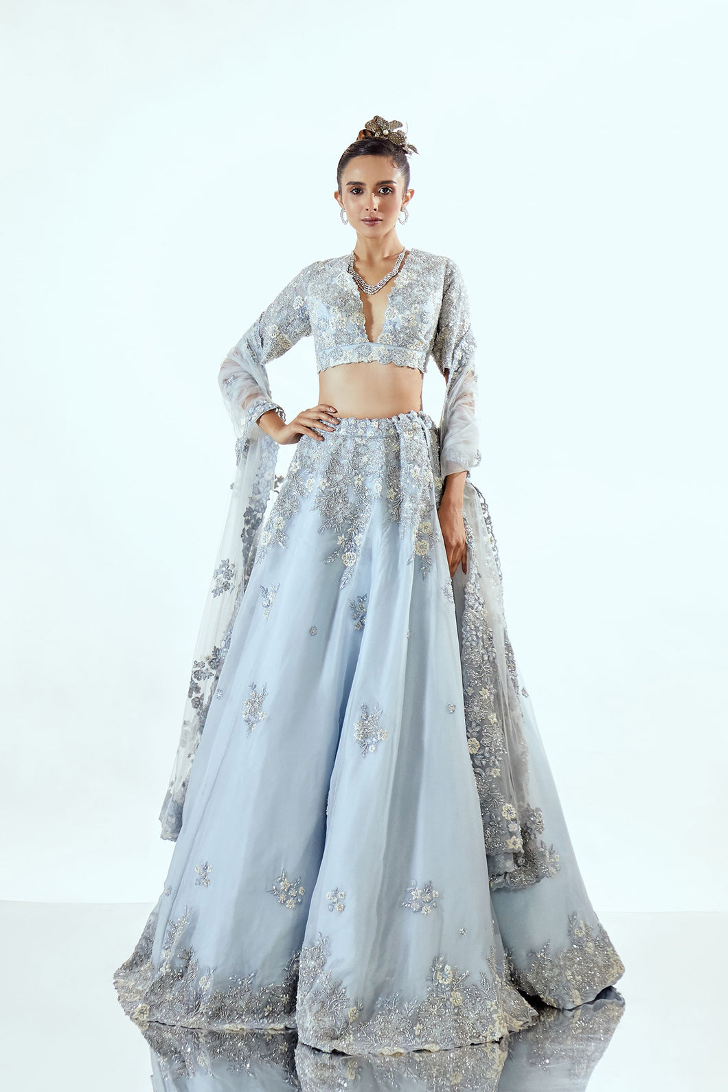 LILY FLOWER AQUA BLUE - LILY FLOWER ORGANZA LEHENGA SET