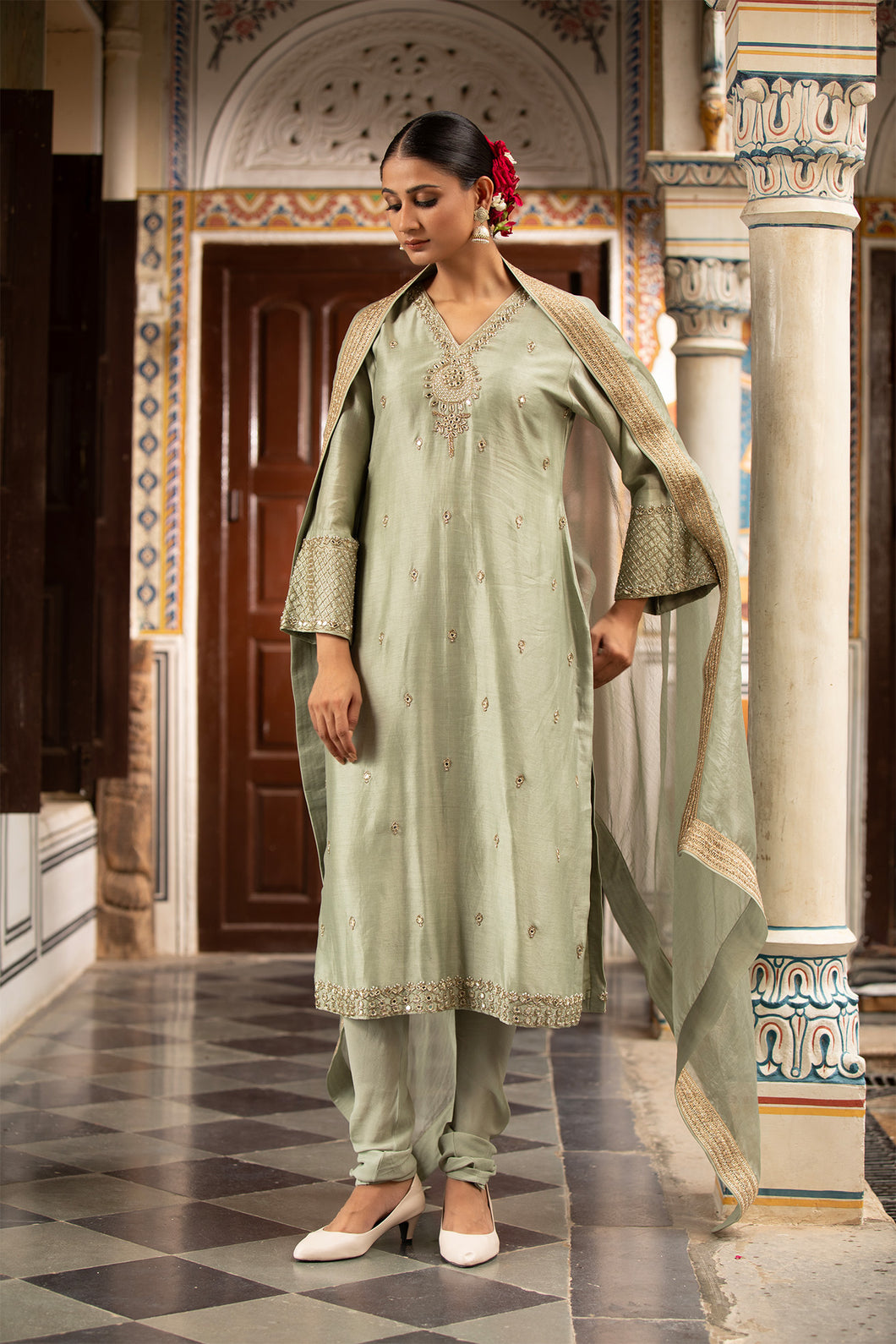 Green kurta set with churidar and dupatta