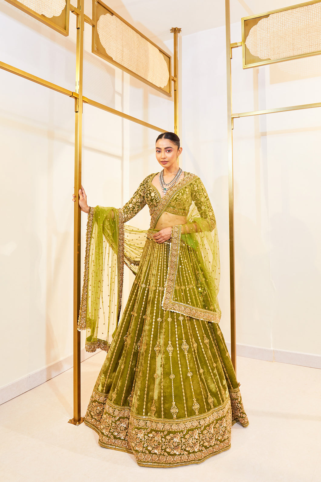 Gita green -  Sage Serenity Velvet Zardosi Bridal Lehenga Set