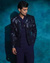 Load image into Gallery viewer, Midnight blue hand embroidered blue sequened short jacket set
