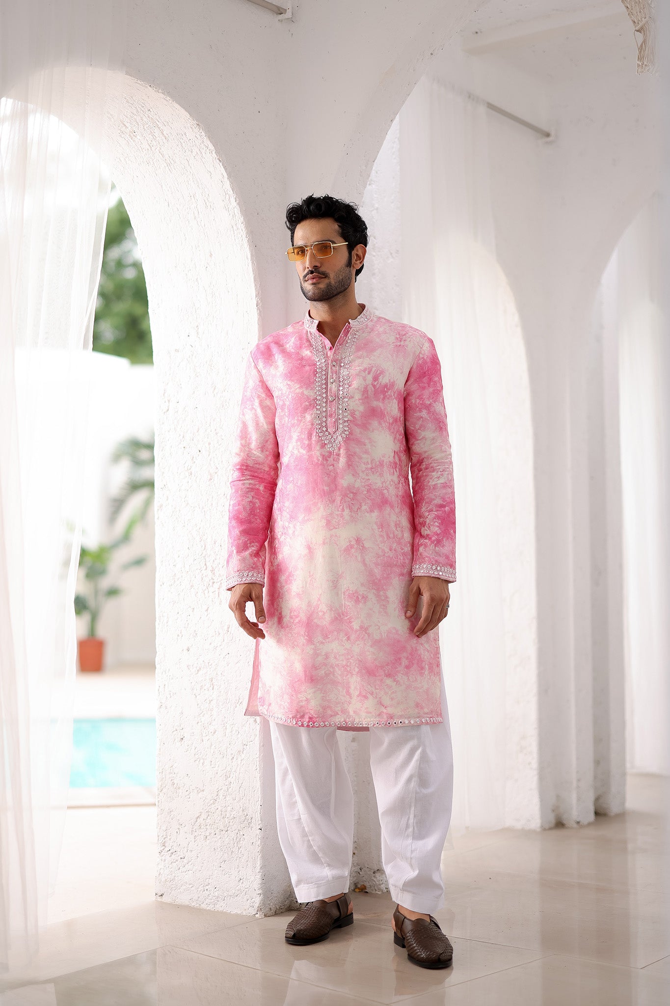 Pink Tie-dye Mirror Work Kurta Set