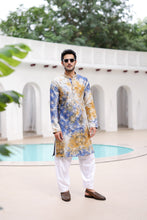 Load image into Gallery viewer, Mustard and Blue Tie-Dye Resham Embroidered Kurta
