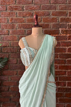 Load image into Gallery viewer, Mint Pre-draped saree with mirror work blouse
