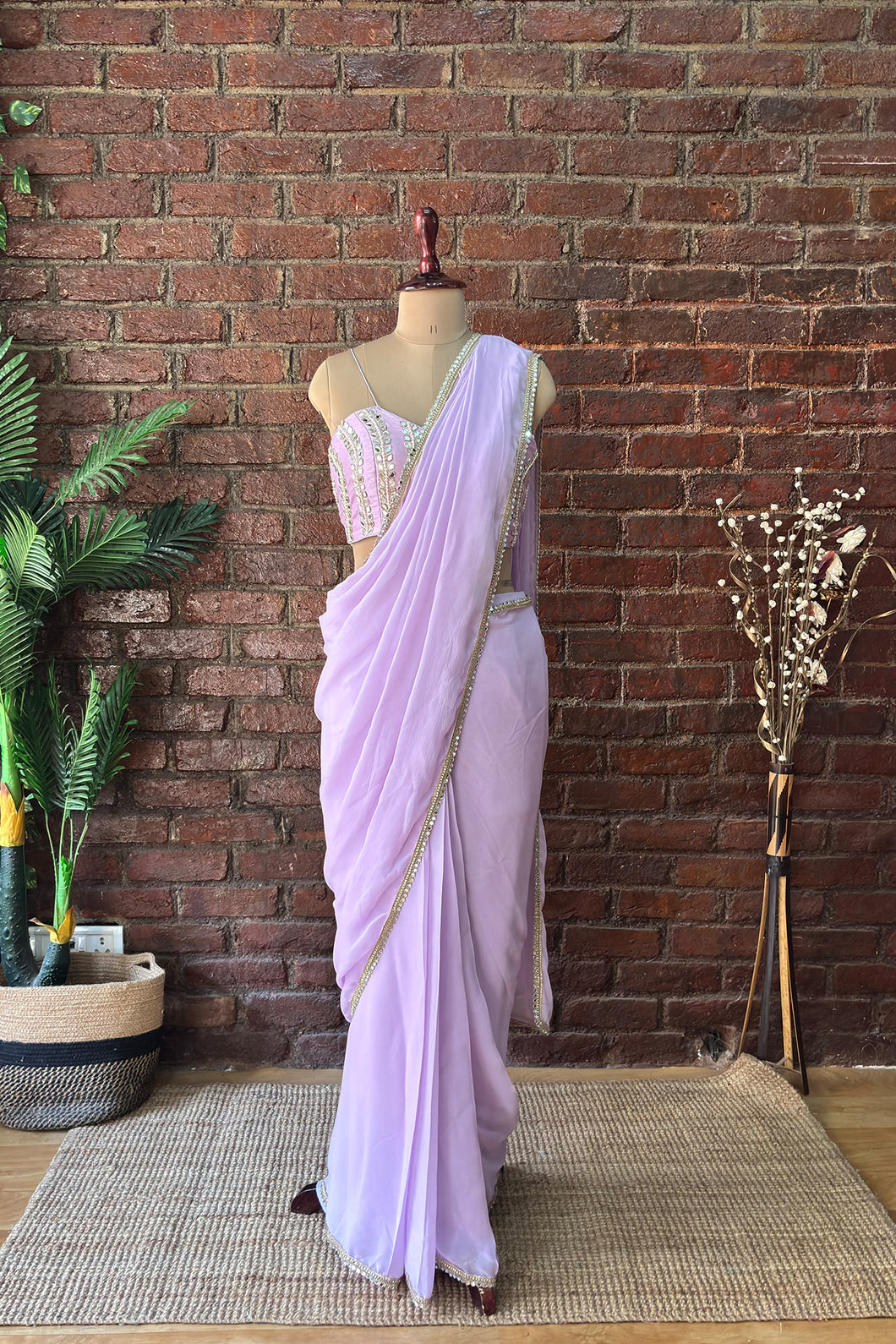 Lavender Pre-draped saree with mirror work blouse