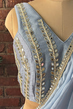 Load image into Gallery viewer, Dusty Blue Pre-draped saree with mirror work blouse
