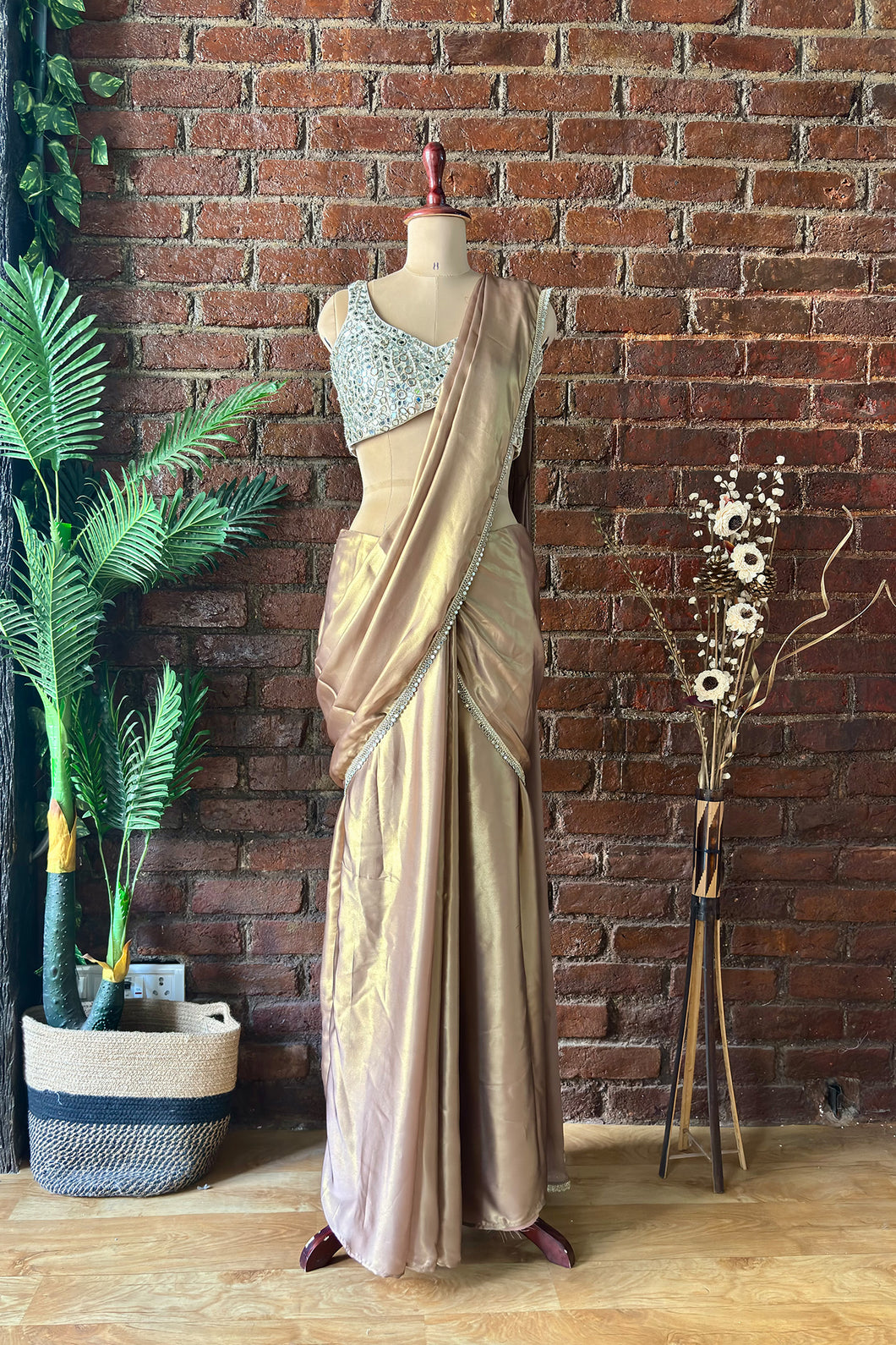 Bronze shimmer Pre-stitched saree with Mirror blouse
