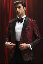 Load image into Gallery viewer, Red and Black Jaquard Patchwork Tuxedo
