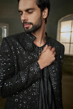 Load image into Gallery viewer, BLACK RAW SILK FULL SLEEVED JACKET WITH KURTA AND SALWAR
