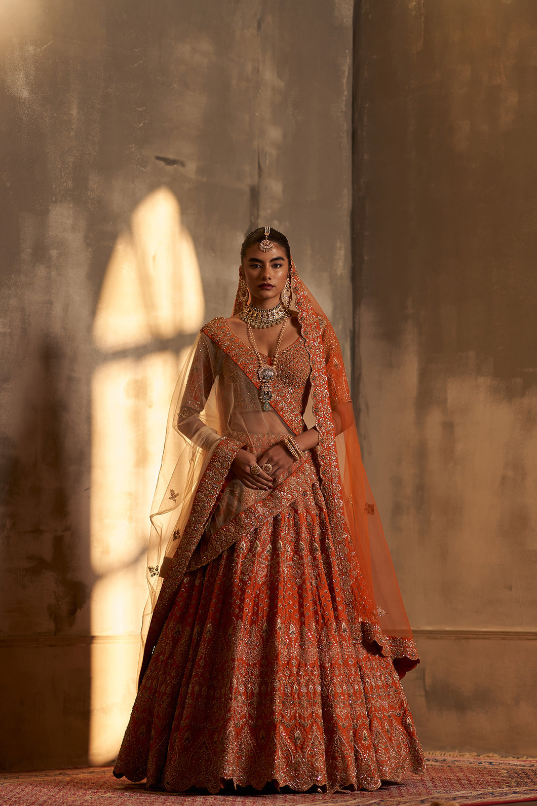 Rust Raw Silk Double Dupatta Lehenga Set