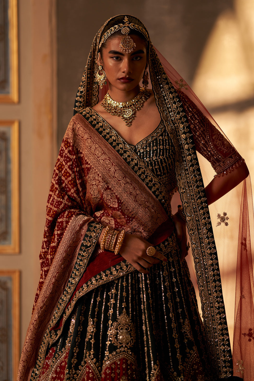 Green Raw Silk Double Dupatta Lehenga Set