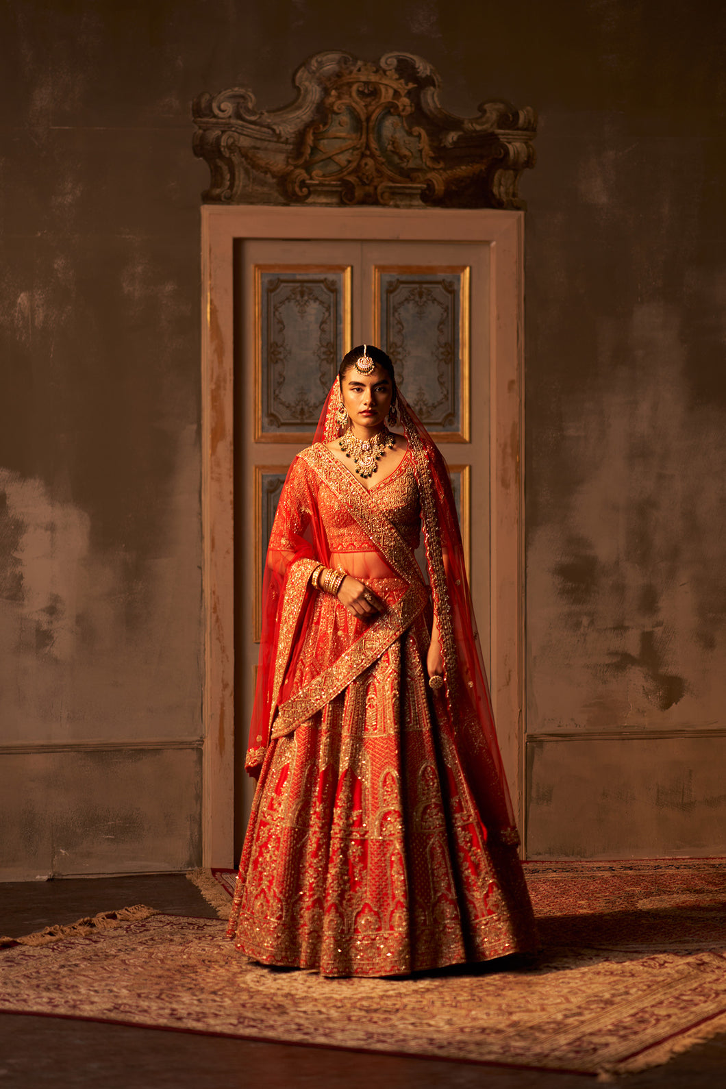 Red Raw Silk Double Dupatta Lehenga Set