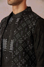 Load image into Gallery viewer, Midnight Embroidered Black Silk Floral Bundi &amp; Kurta Set
