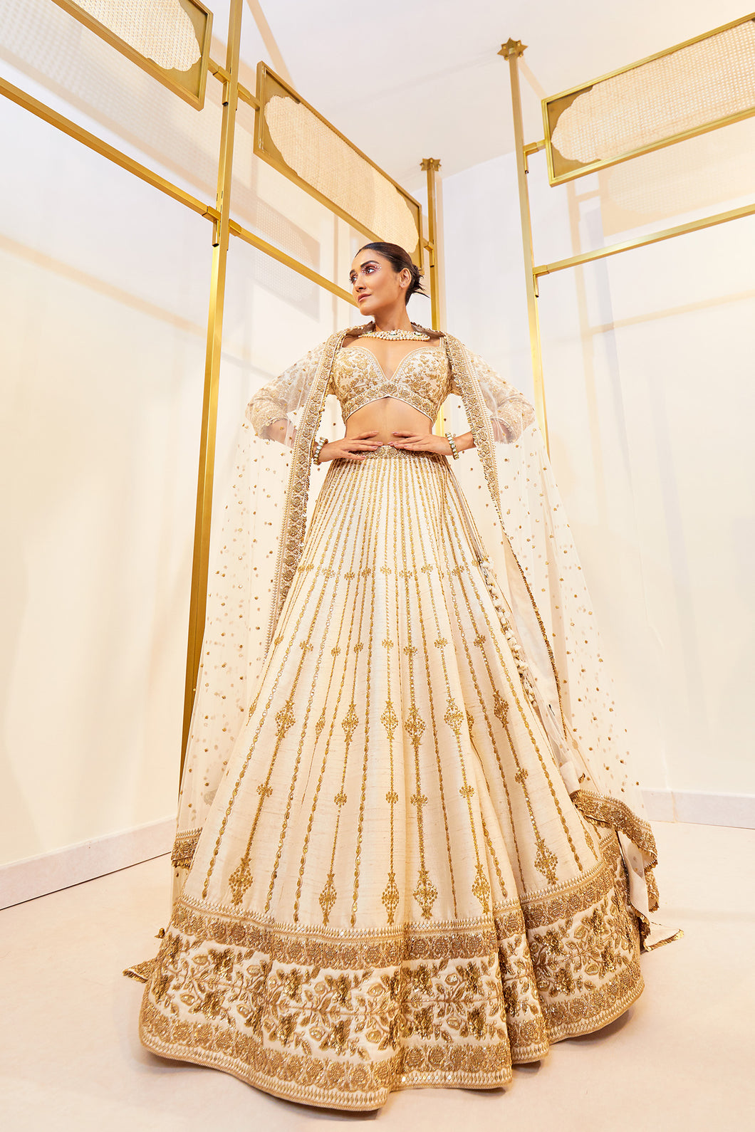 Gita ivory -  Ivory Elegance Raw Silk Zardosi Bridal Lehenga Set