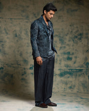 Load image into Gallery viewer, Charcoal Blue hand embroidered short jacket set
