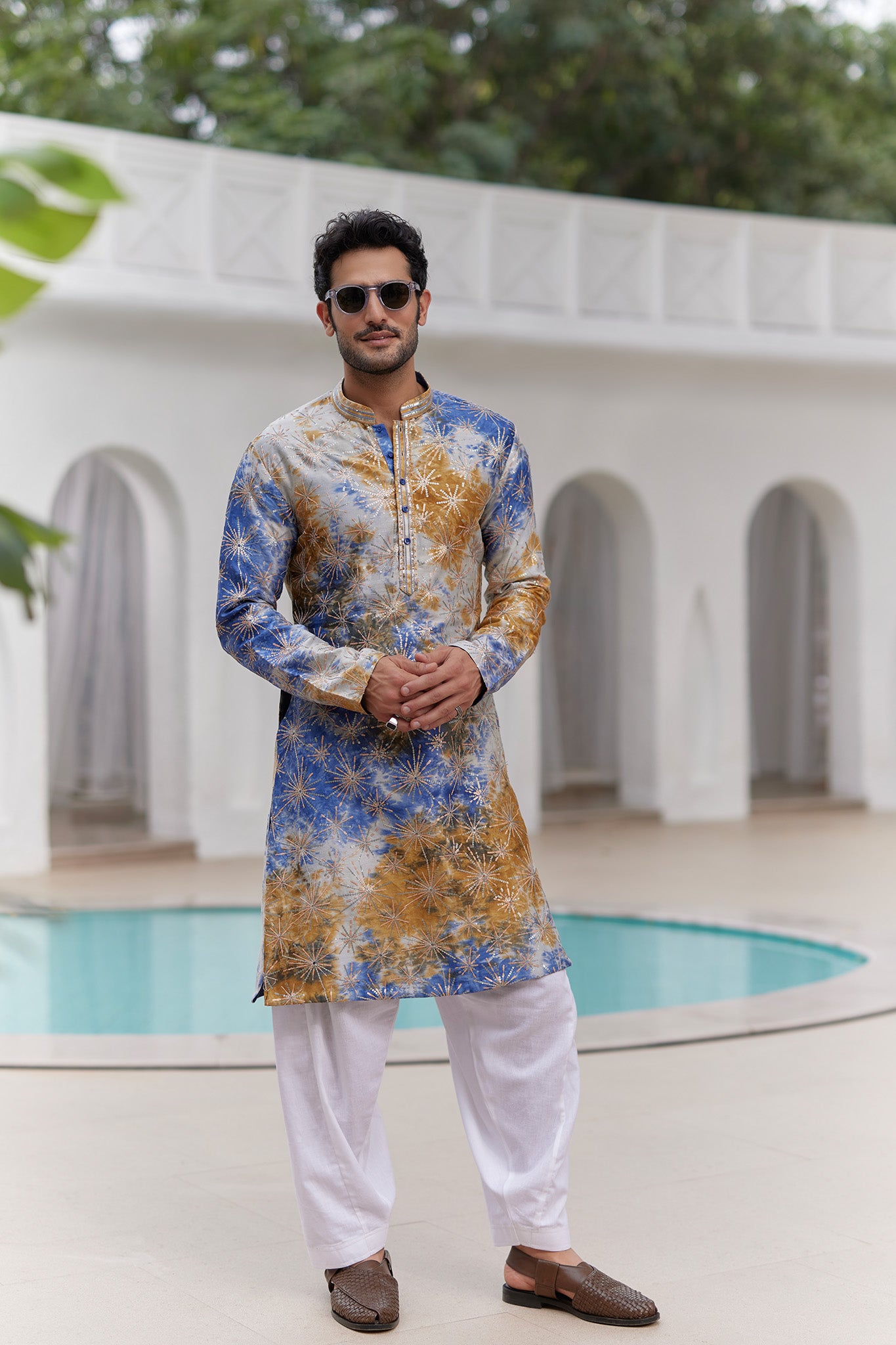 Mustard and Blue Tie-Dye Resham Embroidered Kurta