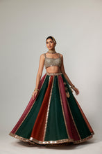 Load image into Gallery viewer, CRANBERRY MULTICOLOR LINEAR LEHENGA WITH SQUARE NECK BLOUSE
