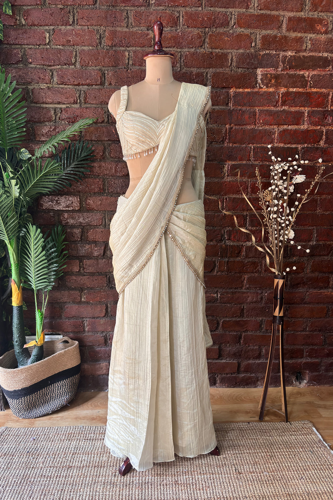 Champagne Gold shimmer tissue Pre-stitched saree