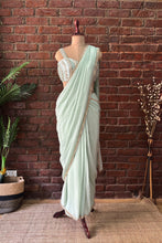 Load image into Gallery viewer, Mint Pre-draped saree with mirror work blouse
