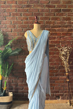 Load image into Gallery viewer, Dusty Blue Pre-draped saree with mirror work blouse
