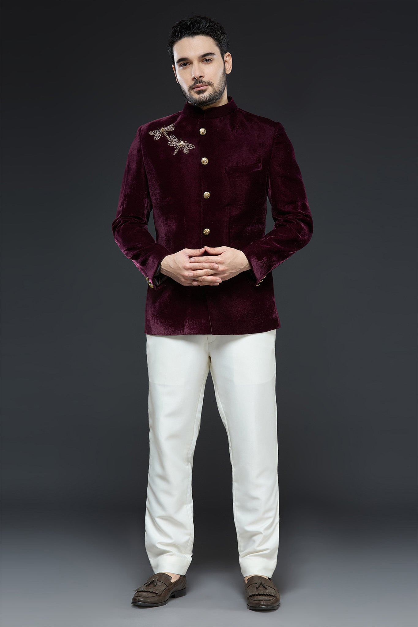 Wine Velvet Dragonfly Bandhgala Set