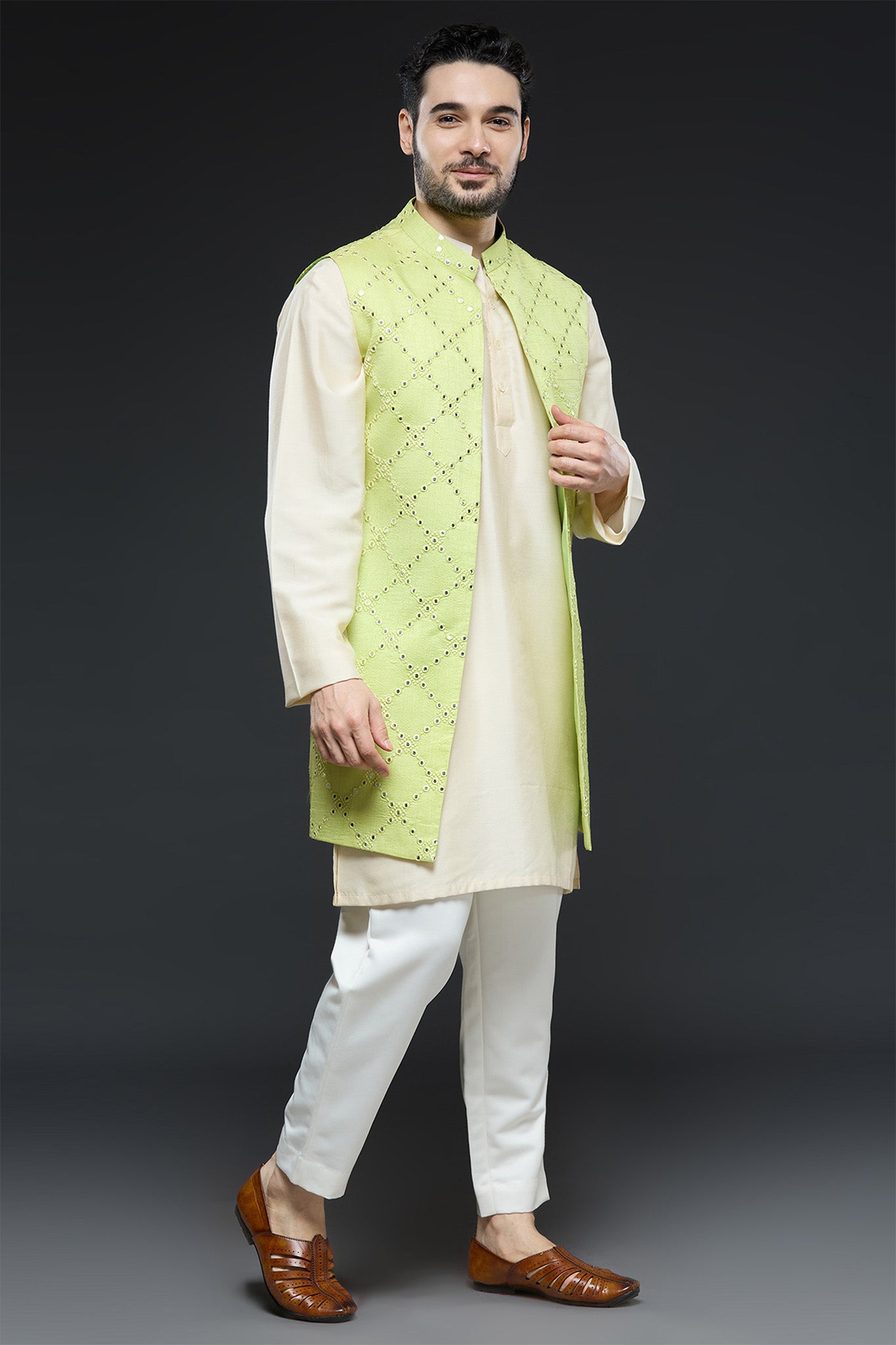 Ivory and Green Jacket Set