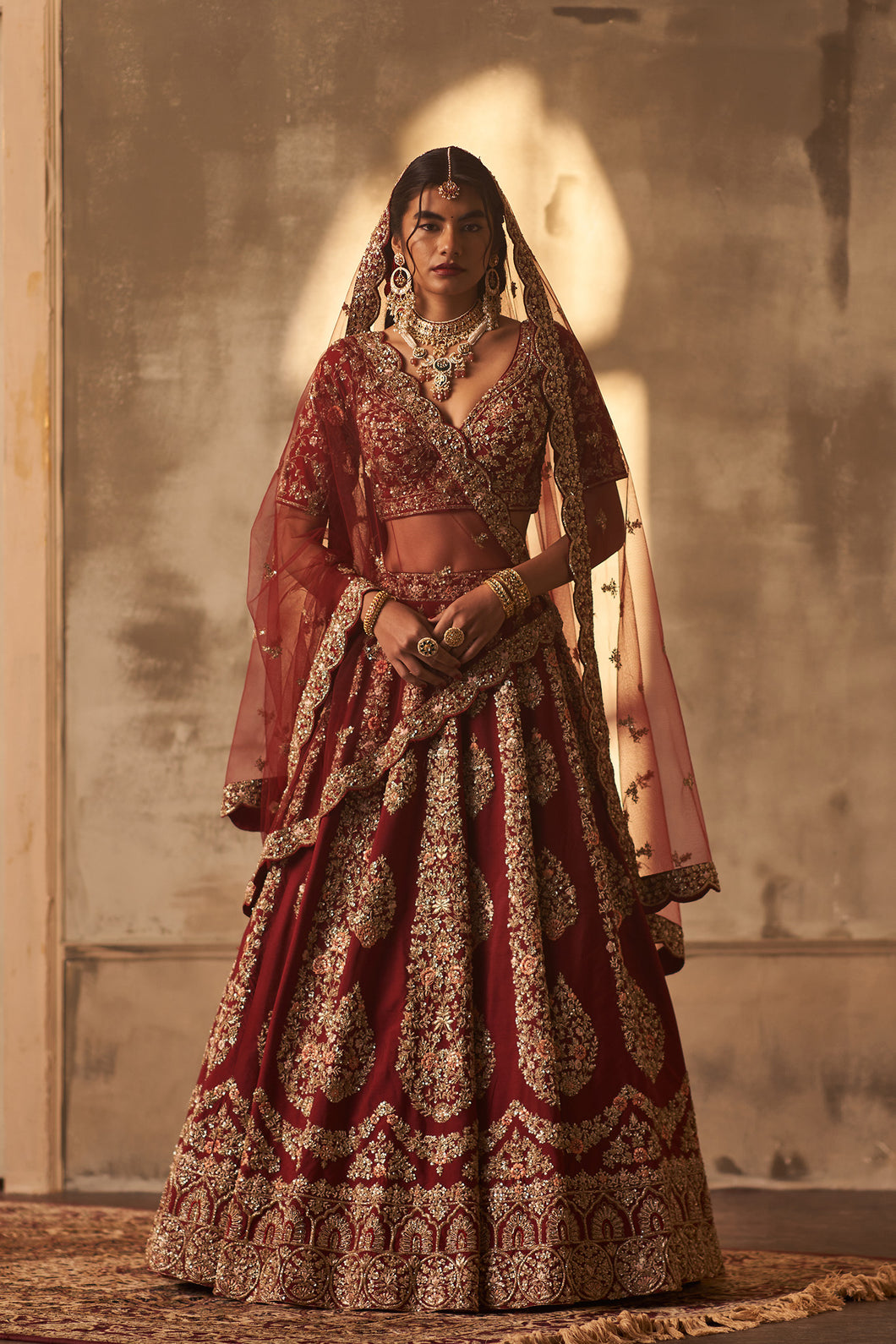 Maroon Raw Silk Double Dupatta Lehenga Set
