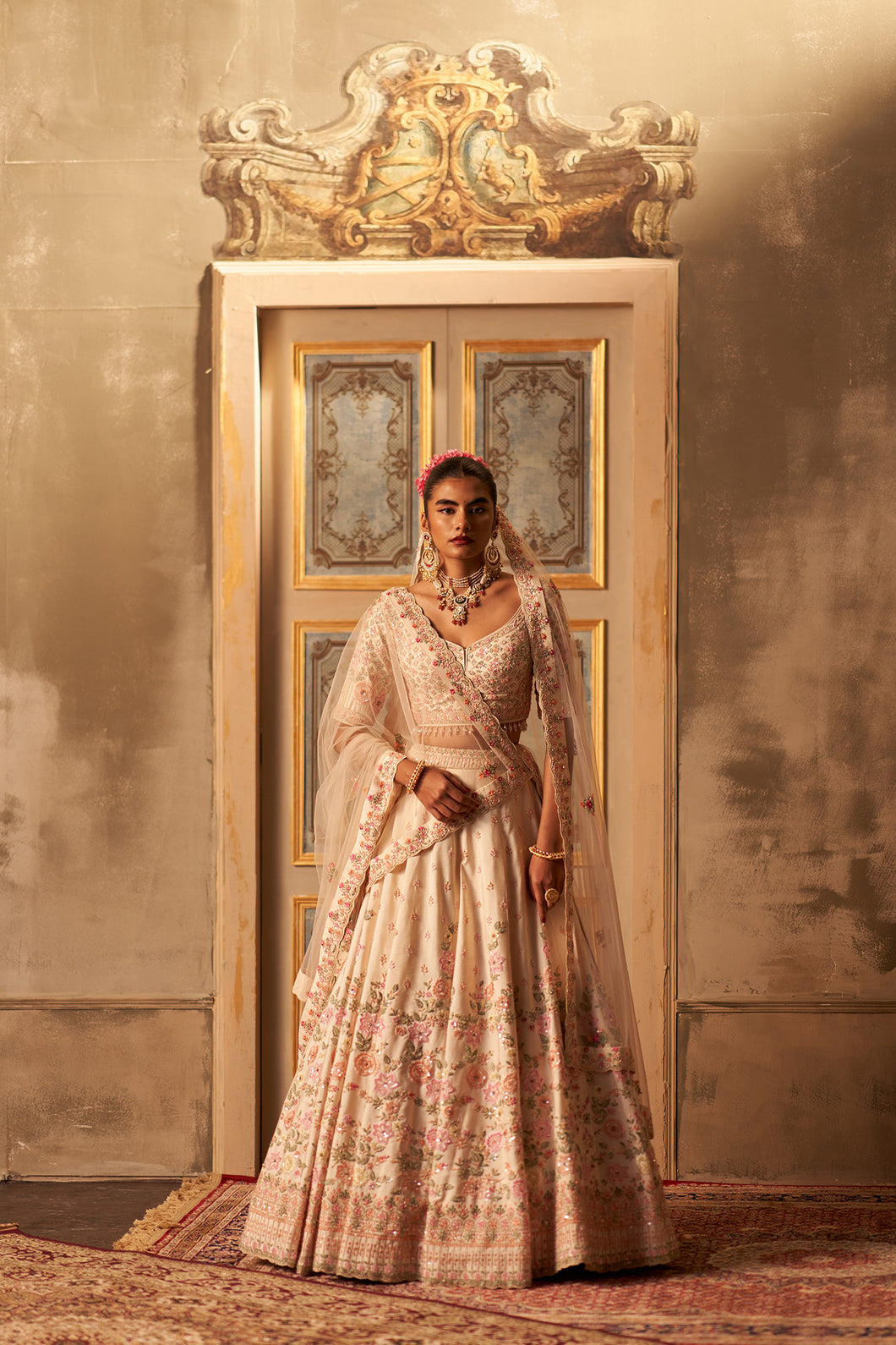 Ivory Raw Silk Double Dupatta Lehenga Set