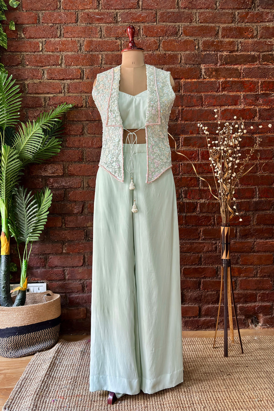 Mint sequin work jacket and pant set