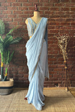 Load image into Gallery viewer, Dusty Blue Pre-draped saree with mirror work blouse
