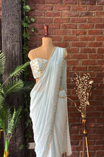 Load image into Gallery viewer, Powder Blue Pre-draped saree with Zari work Bustier
