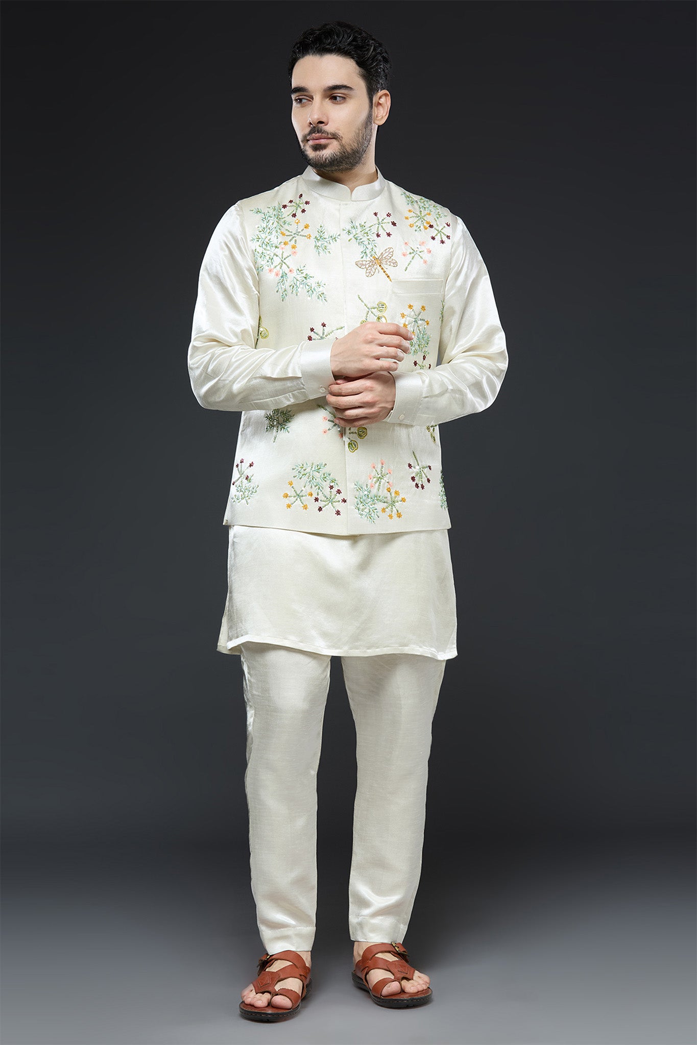 Ivory Hand Painted and Hand Embroidered Vest Set