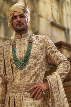 Load image into Gallery viewer, Cream Taffeta Sherwani Applique And Zardozi Jaal Set
