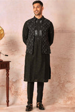 Load image into Gallery viewer, Midnight Embroidered Black Silk Floral Bundi &amp; Kurta Set
