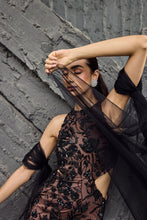 Load image into Gallery viewer, Black Net Embroidery Halter Neck Hand Gown And Dupatta Set
