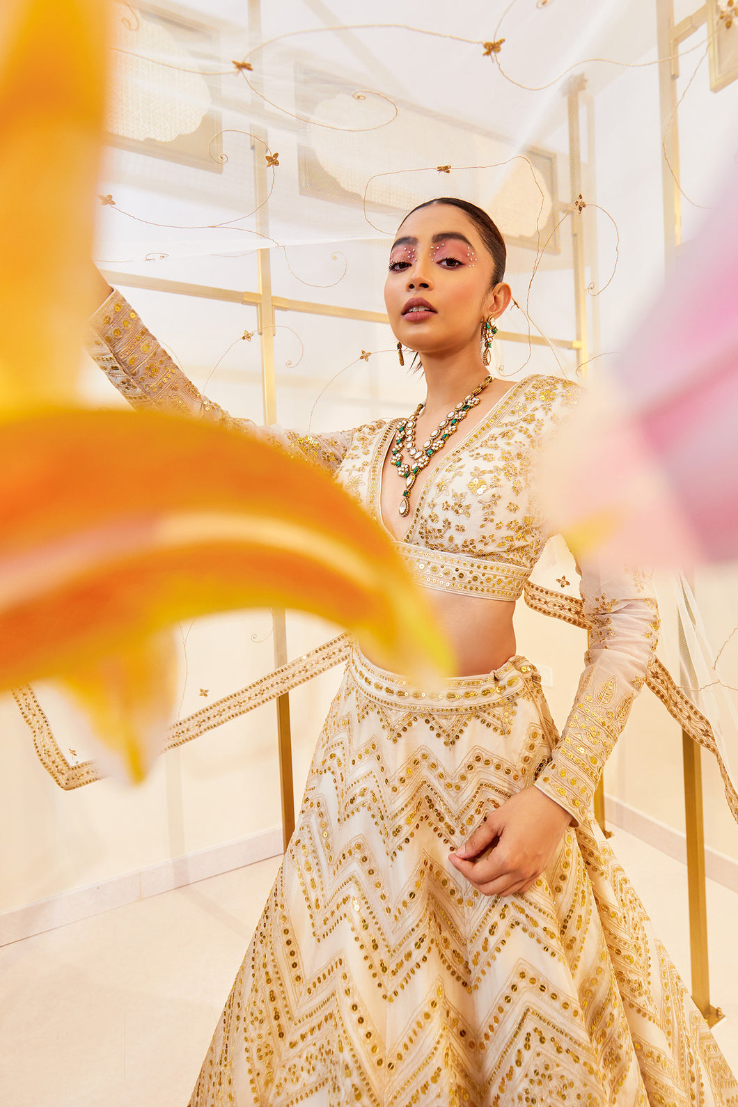 Paan zig zag - Champagne  Organza Dori Bridal Lehenga Set
