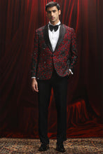 Load image into Gallery viewer, Red and Black Jaquard Patchwork Tuxedo
