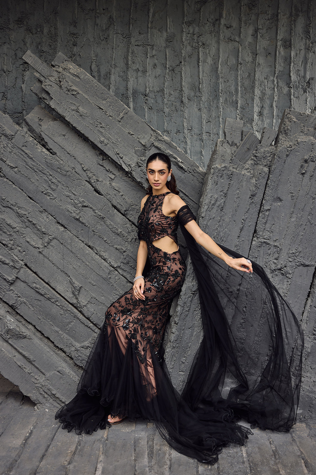 Black Net Embroidery Halter Neck Hand Gown And Dupatta Set