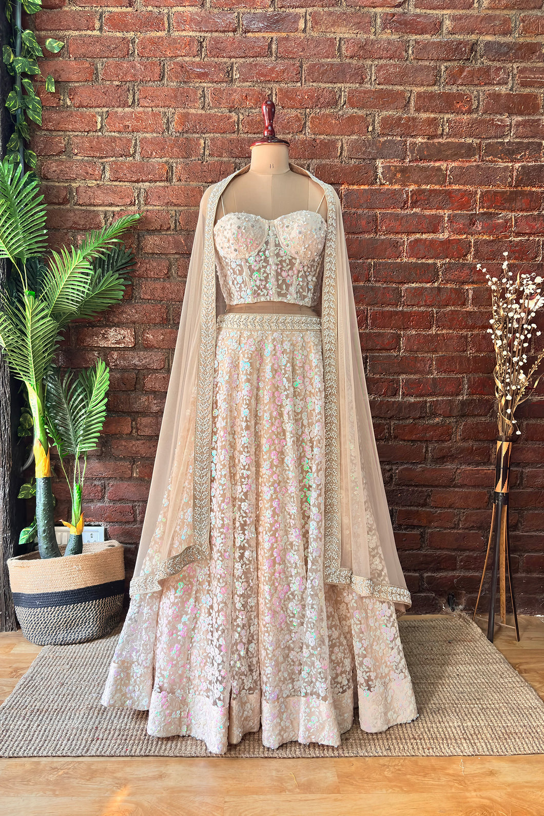 Beige Sequin work corset and lehenga set
