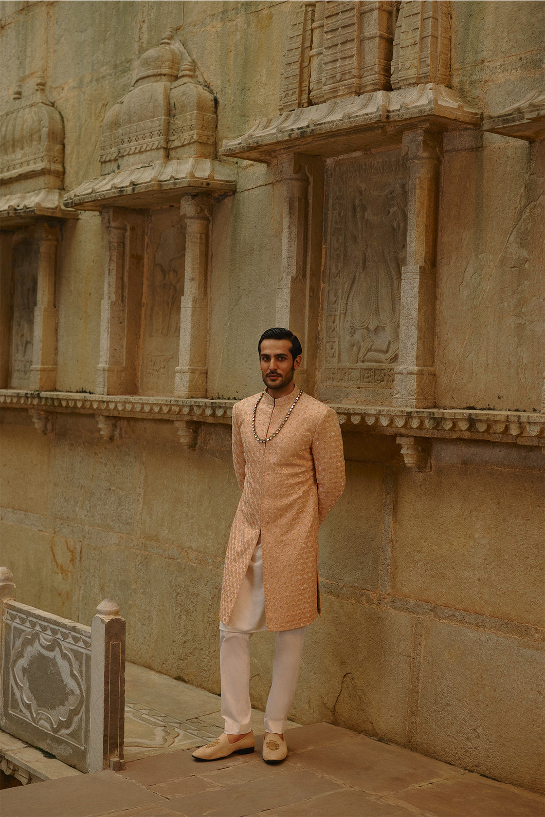 Peach Geometric Sherwani With Kurta & Trouser Set