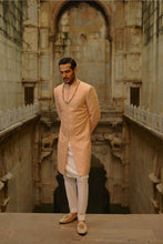 Load image into Gallery viewer, Peach Geometric Sherwani With Kurta &amp; Trouser Set
