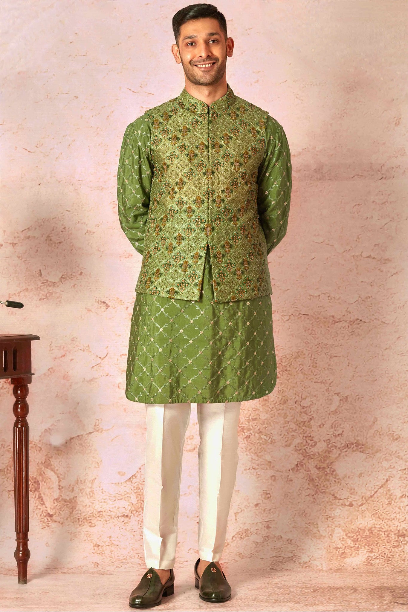Geometric Green Chanderi Silk Kurta Bundi Set
