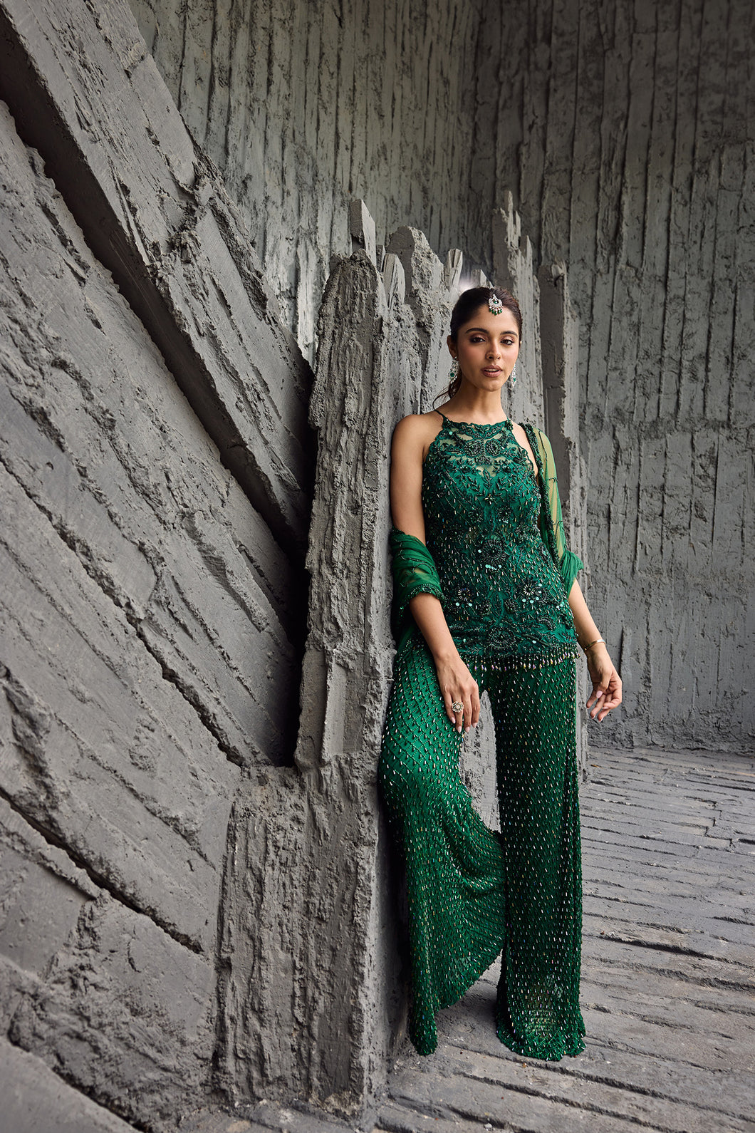 Green Net Embroidery, Sequins Round Neck Hand Tunic Sharara Set