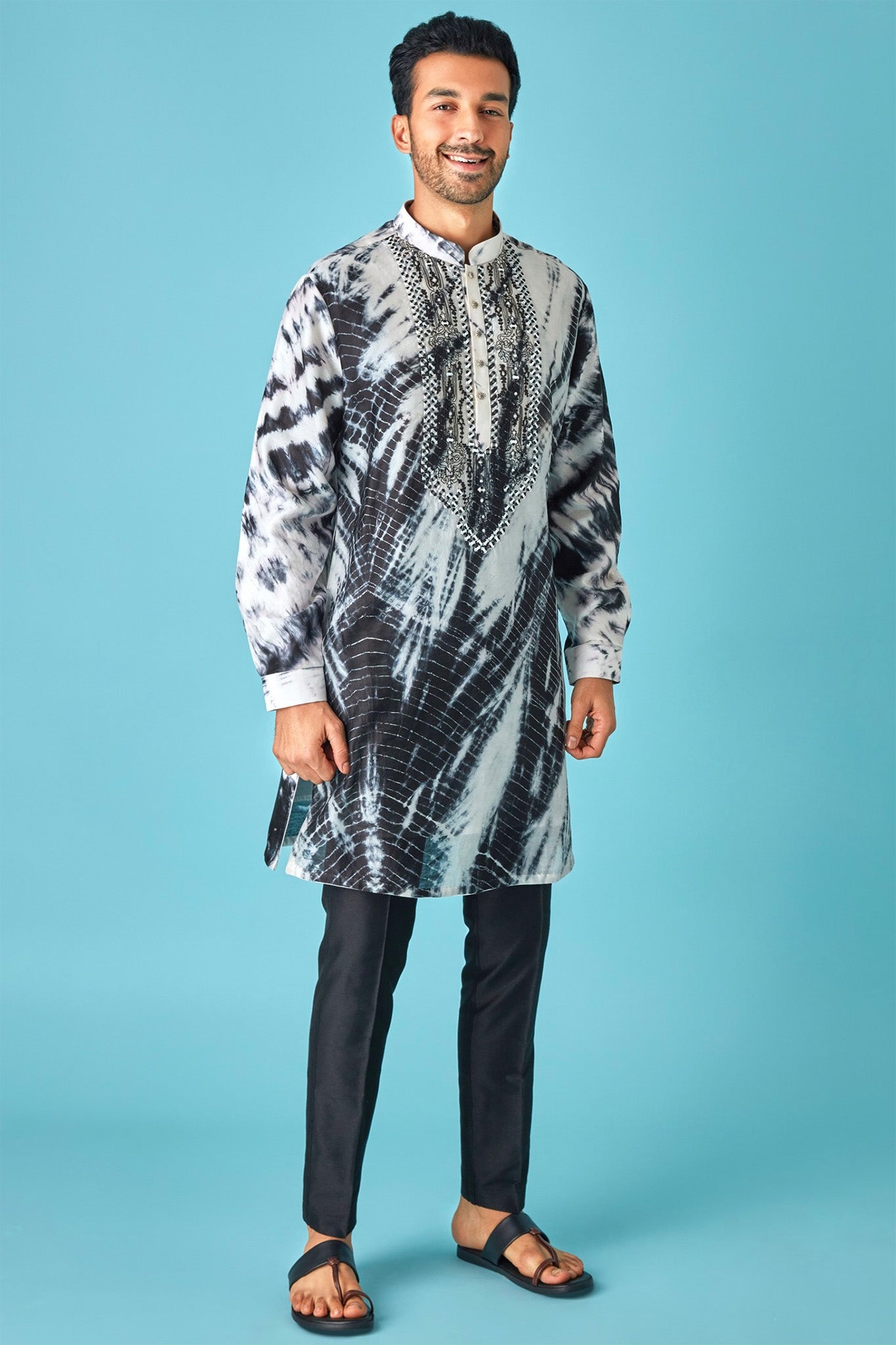 Monochrome Beauty White and Black Tie-Dye Pure Linen Kurta with Mirror and Dori Embroidery