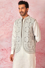 Load image into Gallery viewer, Grey Velvet Dori Embroidered Bundi with Light Grey Silk Kurta Set
