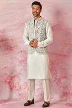 Load image into Gallery viewer, Grey Velvet Dori Embroidered Bundi with Light Grey Silk Kurta Set
