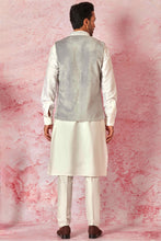 Load image into Gallery viewer, Grey Velvet Dori Embroidered Bundi with Light Grey Silk Kurta Set
