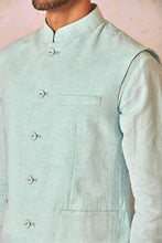 Load image into Gallery viewer, Linen Kaantha Stitch Sky Blue Kurta and Bundi Set
