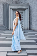 Load image into Gallery viewer, Sky Blue Satin Embroidery V-neck Hand Pre-draped Saree Set
