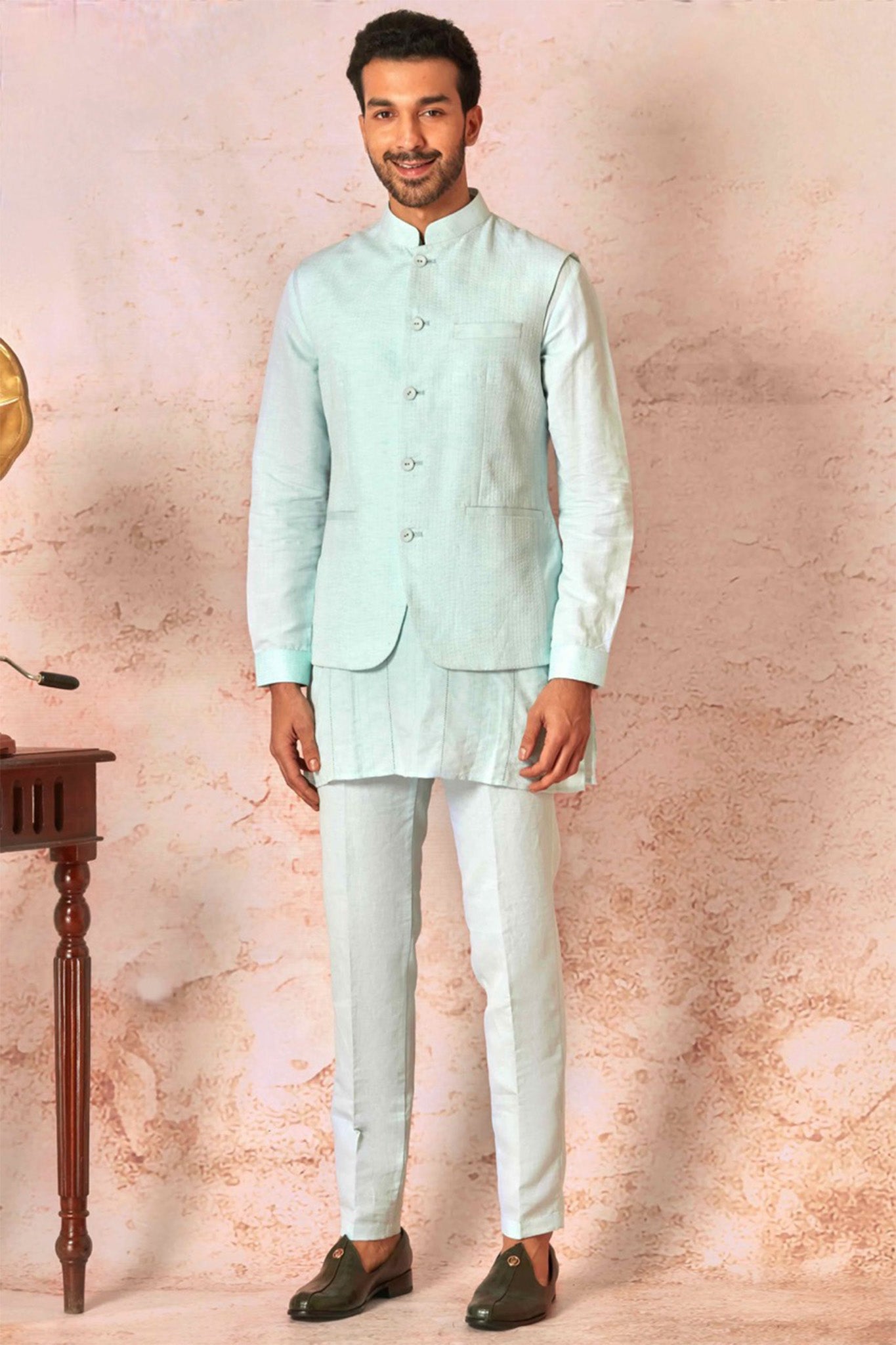 Linen Kaantha Stitch Sky Blue Kurta and Bundi Set